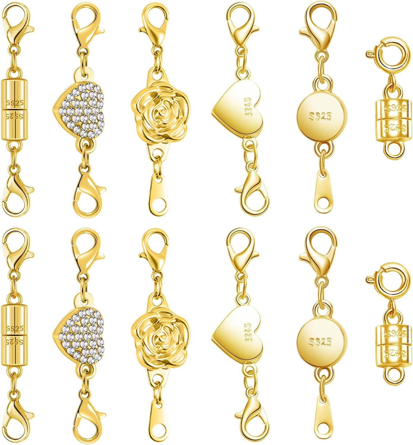Magnetic Jewelry Clasps Set, Gold and Silver, 12 Pack Rose and Heart Design, Necklace Bracelet Closures with Rhinestone Accents (12pcs Golden)