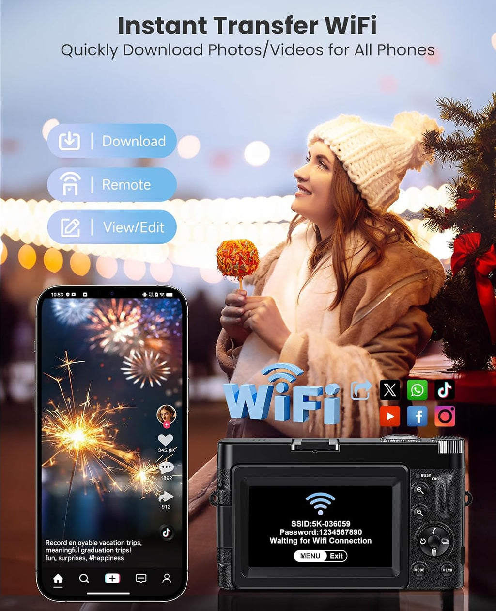 4K Digital Camera for Photography, with WiFi, 180° Flip Screen, 32GB Card