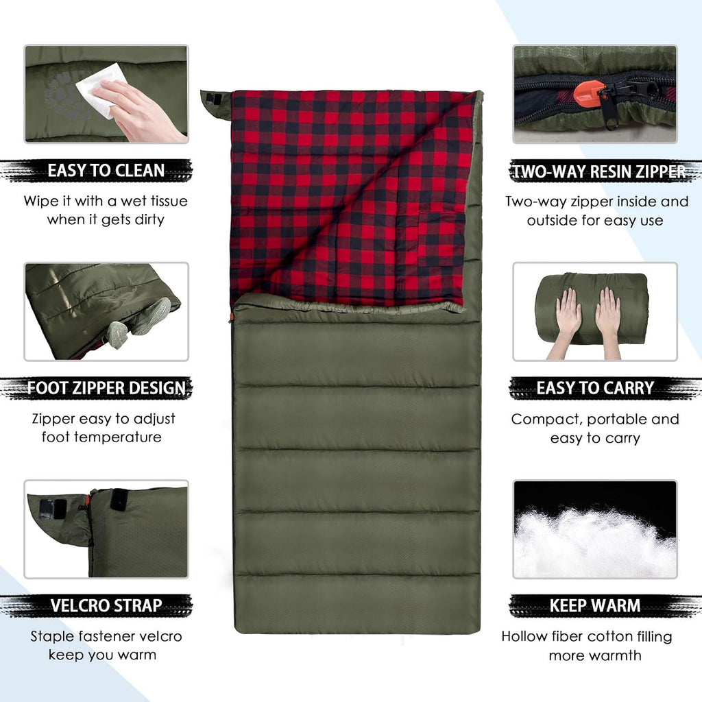 Keencamp 0 Degree Sleeping Bag Cotton Flannel Winter Cold Weather for Adults XXL Sleeping Bag 4 Season Big and Tall with Pillow Compression Sack