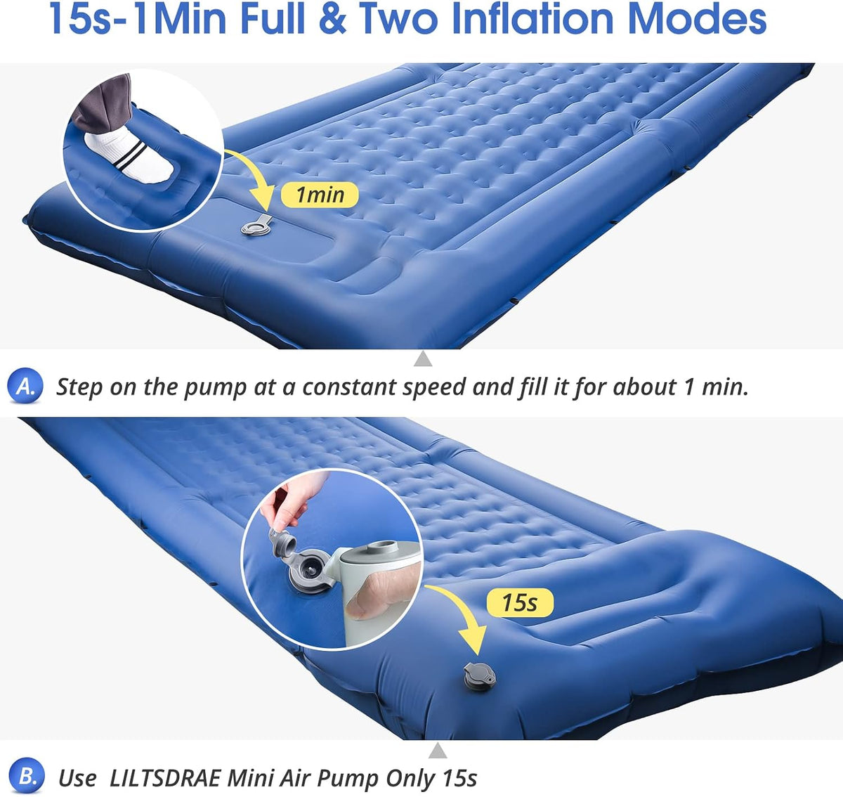 LILTSDRAE Camping Sleeping Pads，Extra Thick 5 Inch Inflatable Sleeping Mat with Pillow Built-in Pump，Oversized Mattress Super Portable Backpacking Sleeping Pad (Blue, Single)