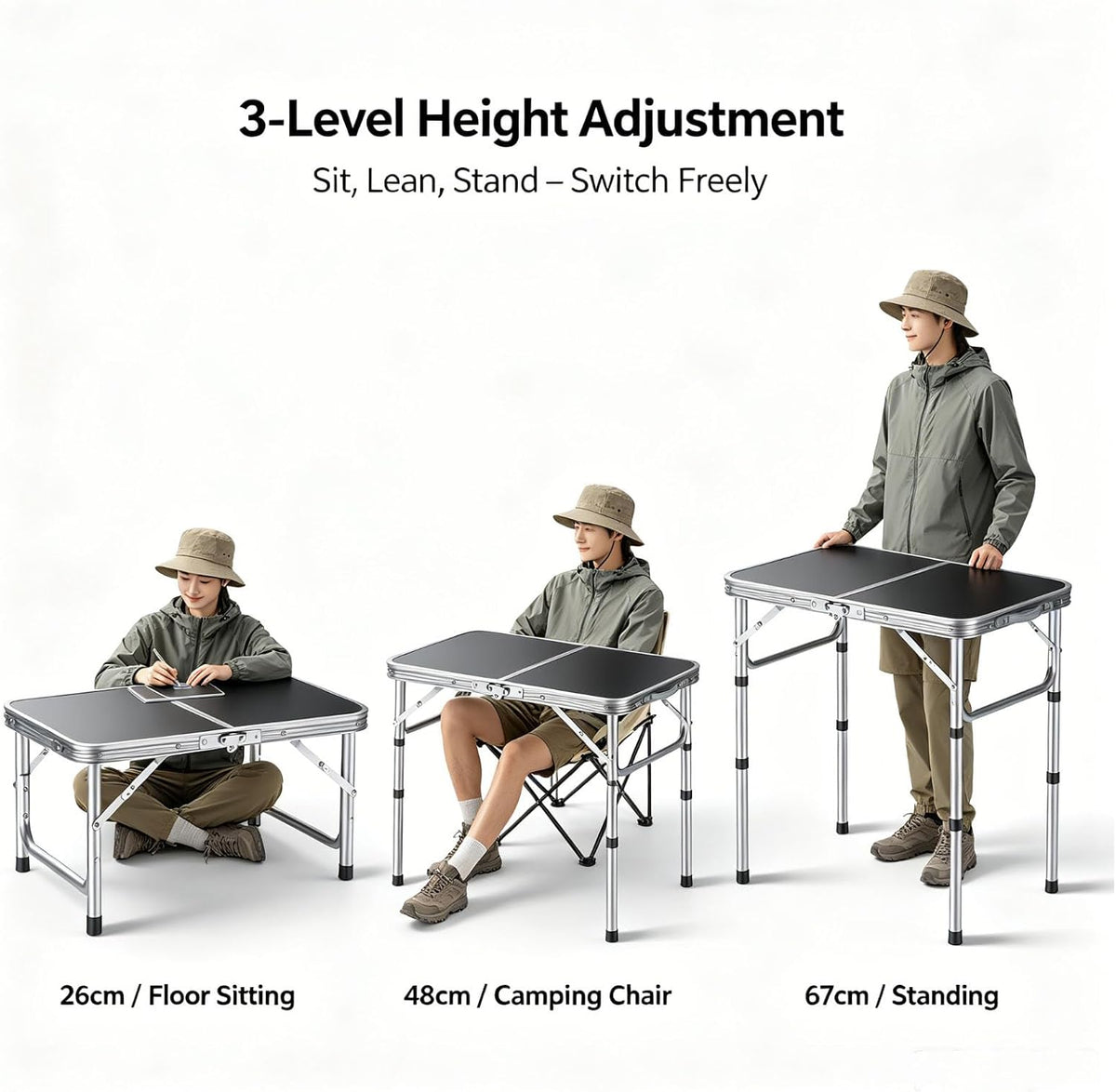 HOMGEN Folding Camping Table with 3 Heights Portable Outdoor Picnic Table MDF Desktop-Lightweight 2.25kg-Sturdy 66lbs for Picnic Beach RV Tailgate, Indoor Study Work Desk– Easy to Setup & Clean