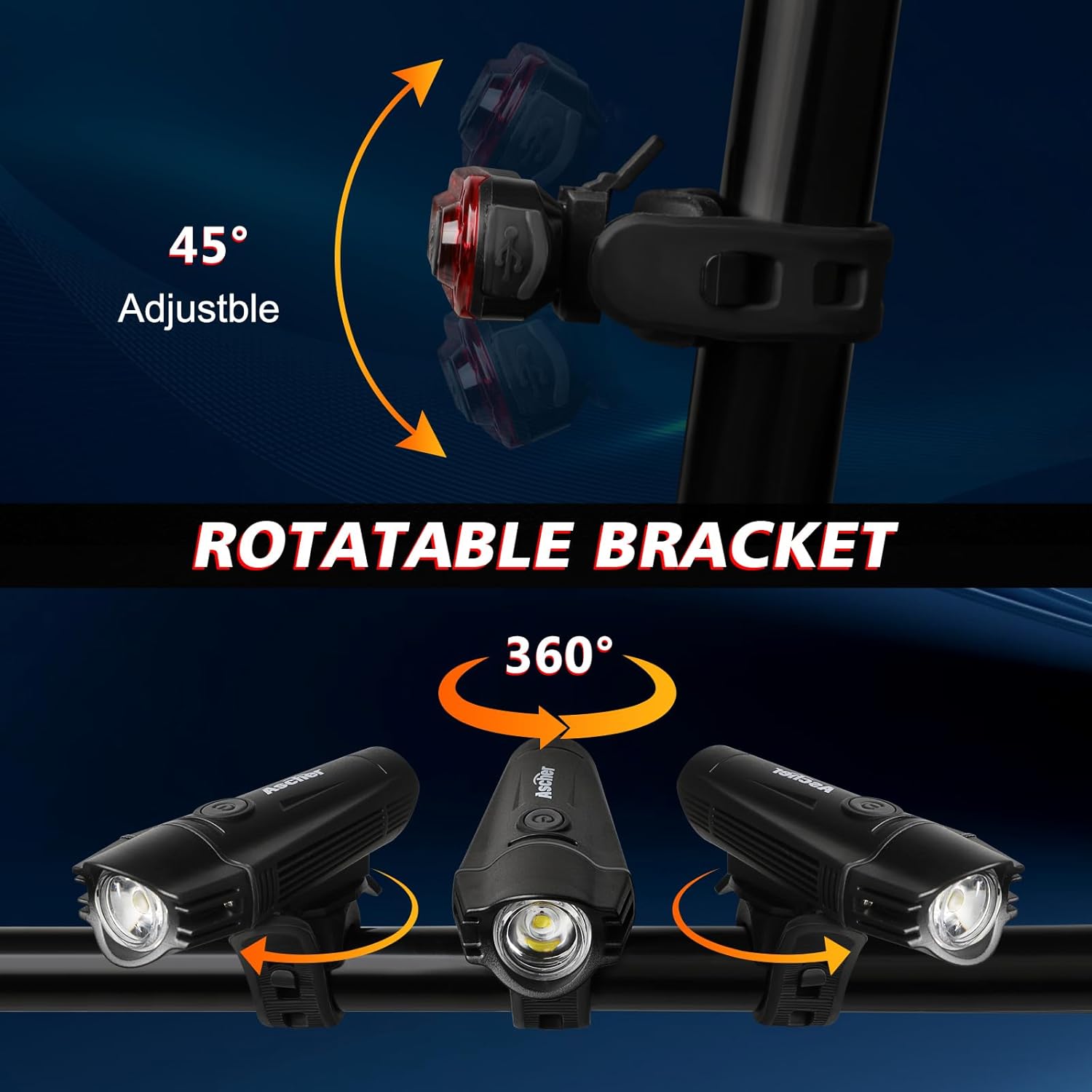 Ascher Ultra Bright USB Rechargeable Bike Light Set, Powerful Bicycle Front Headlight and Back Taillight, 4 Light Modes, Easy to Install for Men Women Kids Road Mountain Cycling