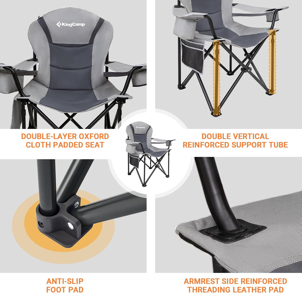 KingCamp Oversized Camping Folding Chair with Lumbar Support, Heavy Duty Ergonomic Padded Arm Chair with Cooler Bag, Cup Holder, Portable for Outdoor