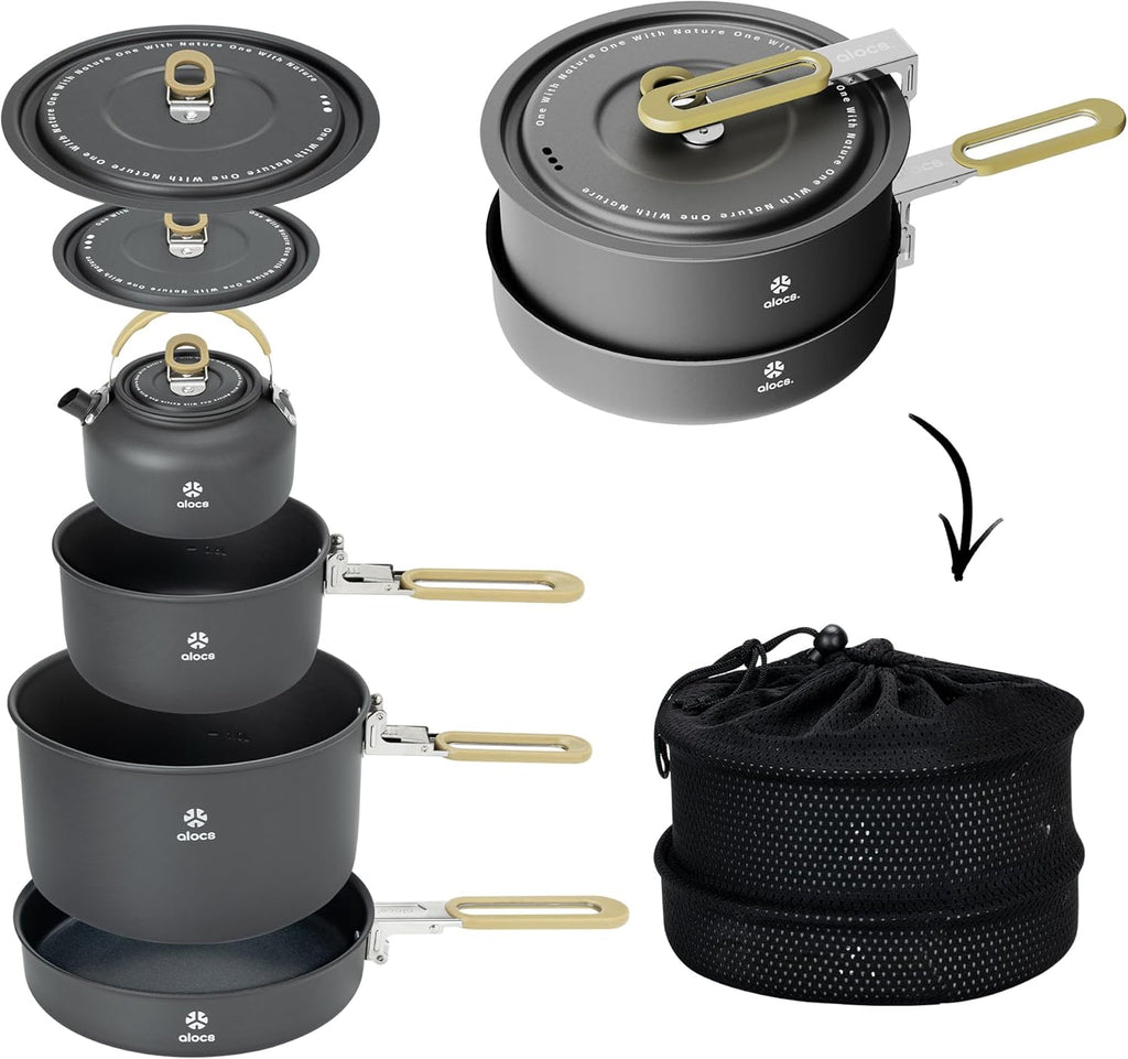 ALOCS Camping Cookware Portable Non-Stick Mess Kit with Foldable Handle