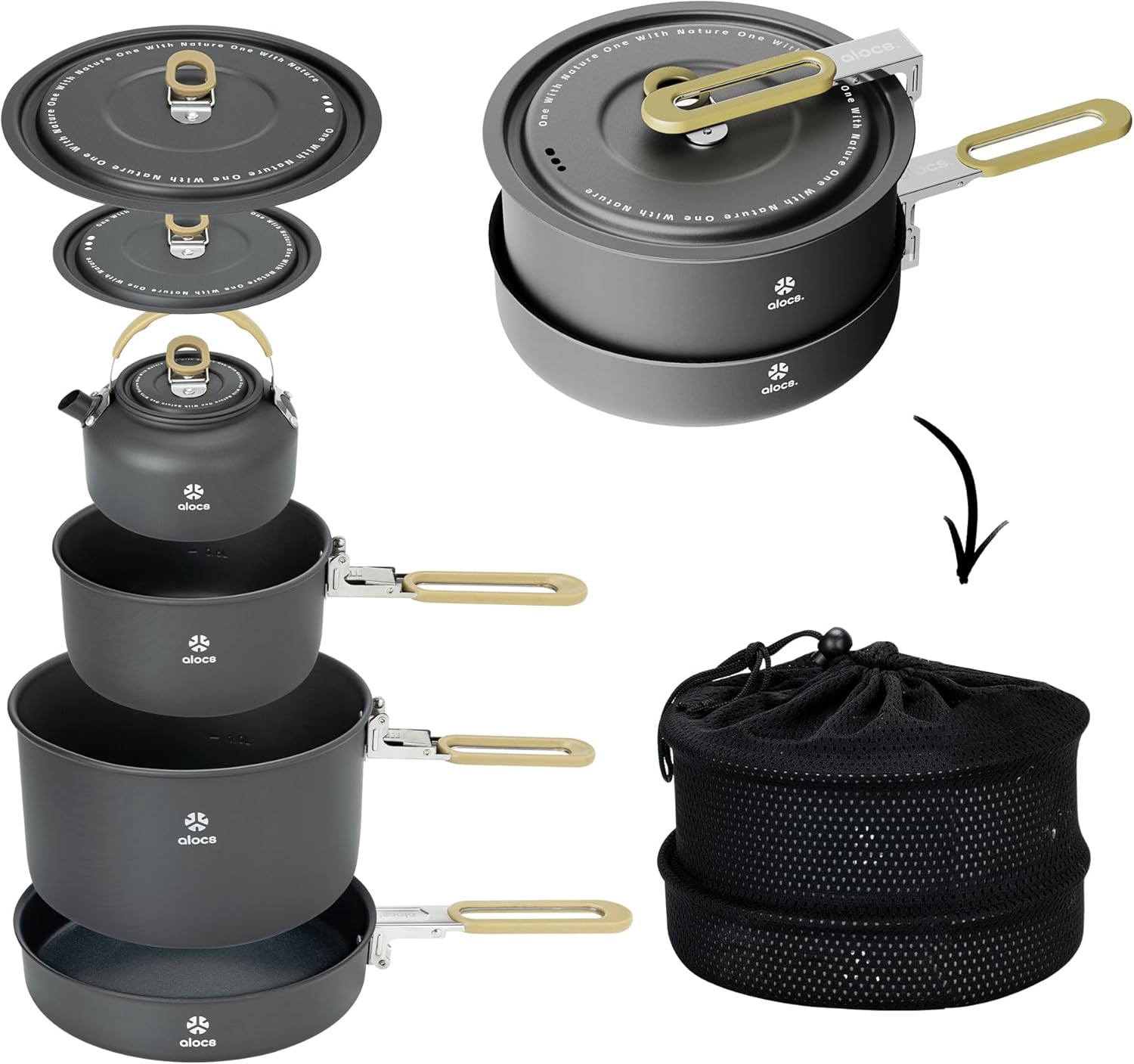 ALOCS Camping Cookware Portable Non-Stick Mess Kit with Foldable Handle