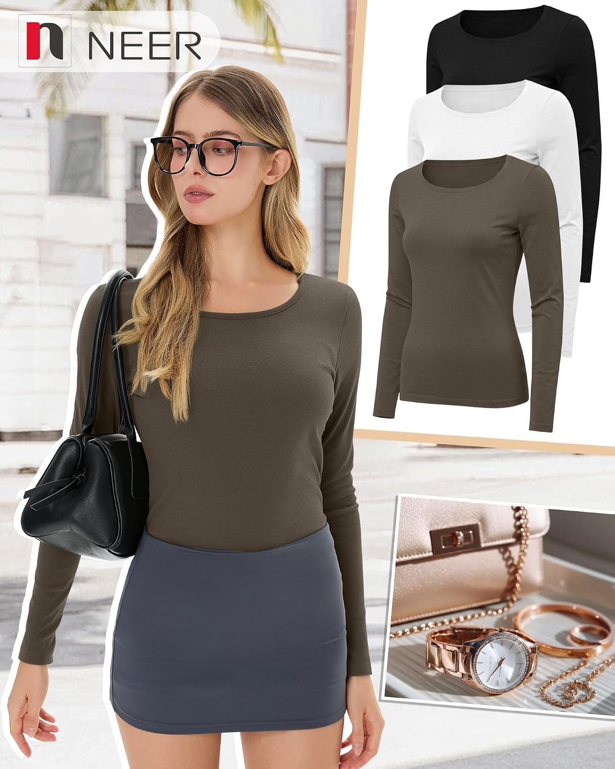 Neer 3 Pack Womens Thermal Shirts Crew Neck Fleece Lined Tops
