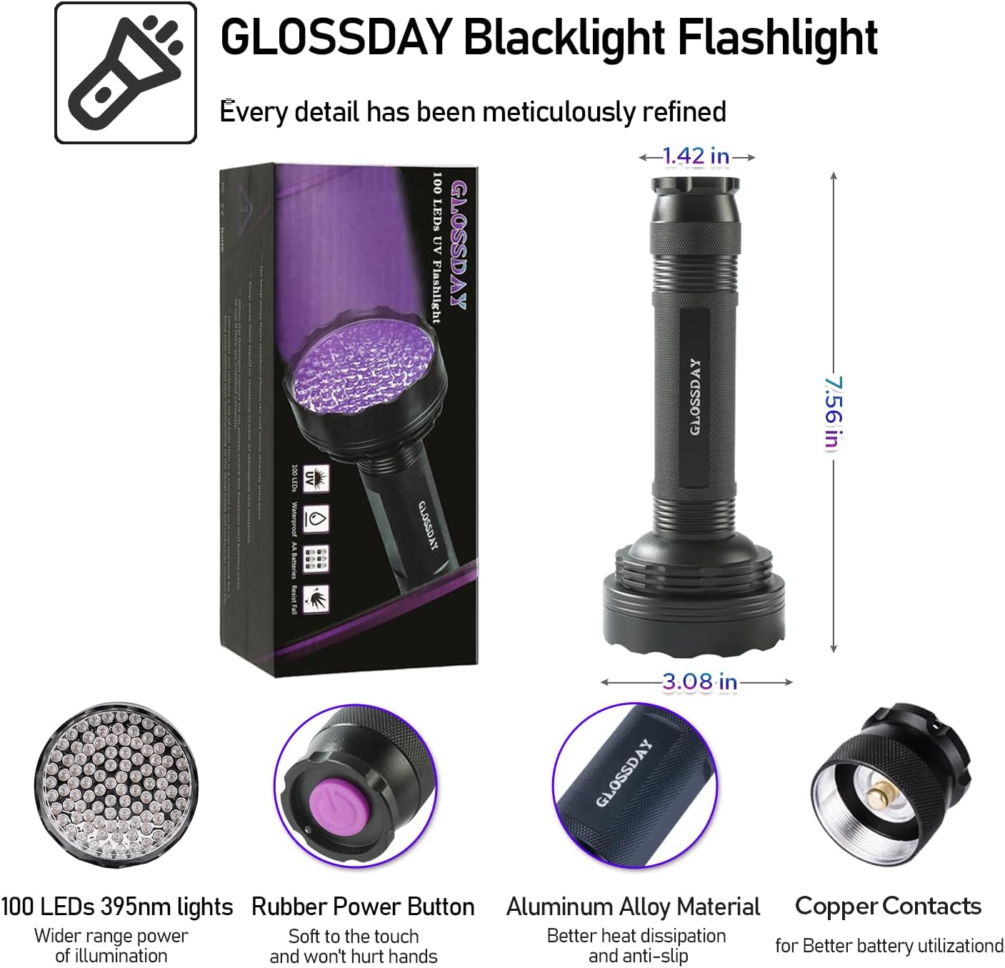 GLOSSDAY UV Flashlight Black Light, 100 LED Black Light Flashlight for Dog/Cat Pet Detector, Scorpions Finder