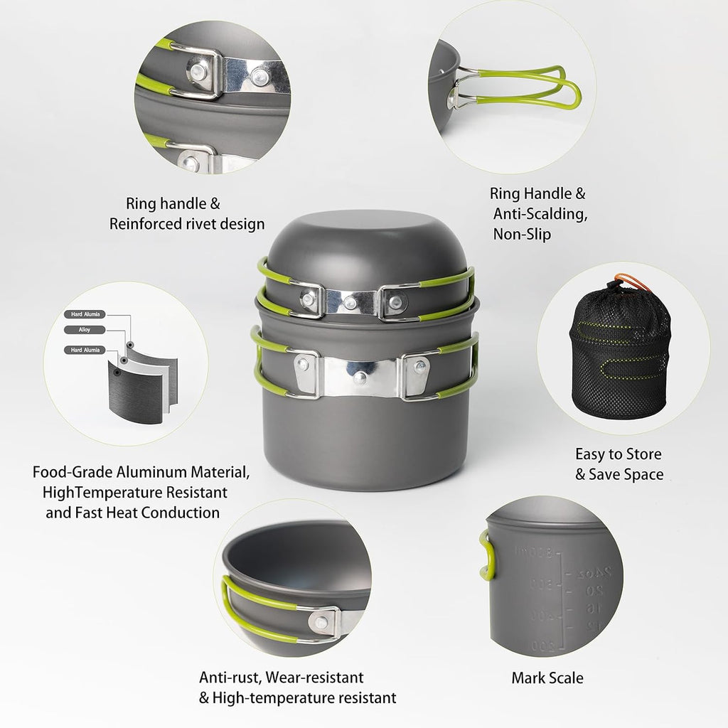 Camping Cookware Mess Kit, 16 pcs Backpacking Cooking Set, Lightweight Camping Pots and Stove Set for 1-2 Person, Outdoor Cooking Gear Ideal for Camping, Hiking, Backpacking and Picnic