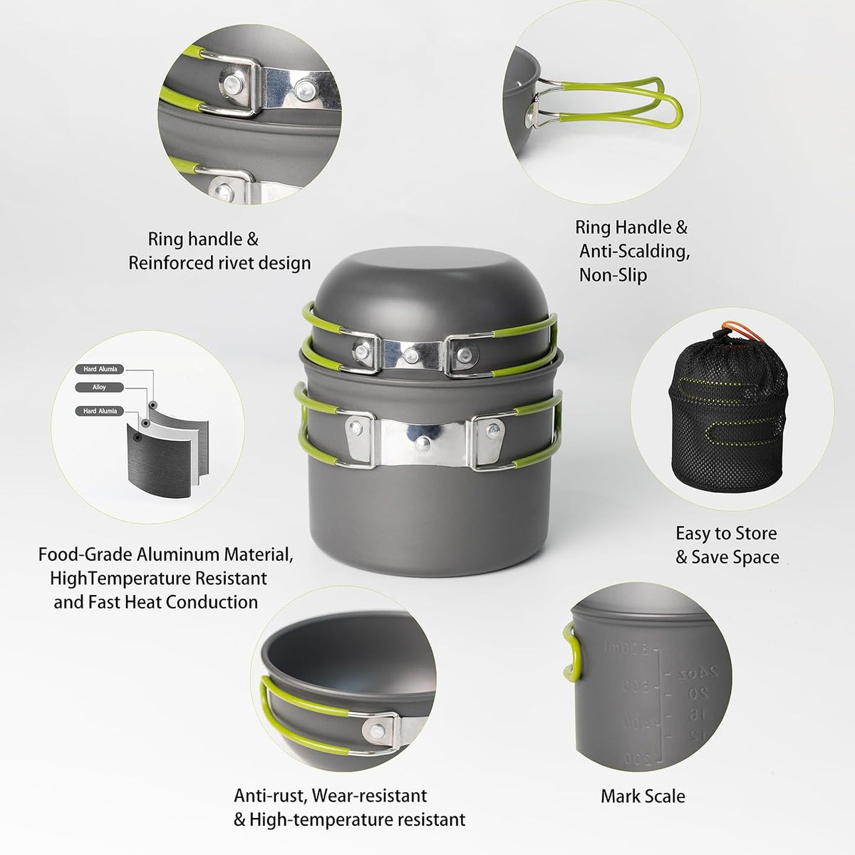 Camping Cookware Mess Kit, 16 pcs Backpacking Cooking Set, Lightweight Camping Pots and Stove Set for 1-2 Person, Outdoor Cooking Gear Ideal for Camping, Hiking, Backpacking and Picnic