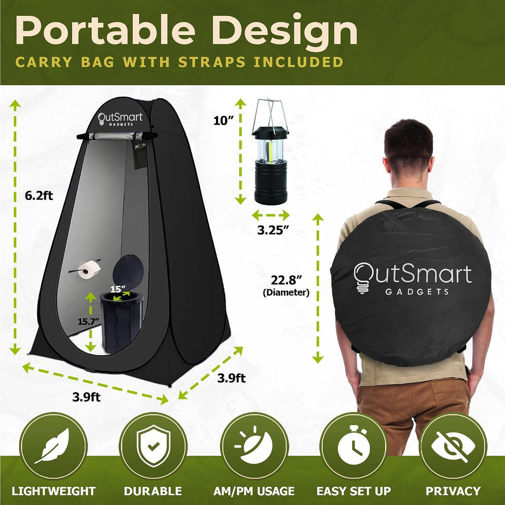Outsmart Gadgets Outdoor Portable Toilet Set for Adults with Camping Night Lantern, Folding XL Toilet, Pop Up Privacy Tent and Carry Bags, Multipurpose Potty, Washable and Foldable for RV Travel