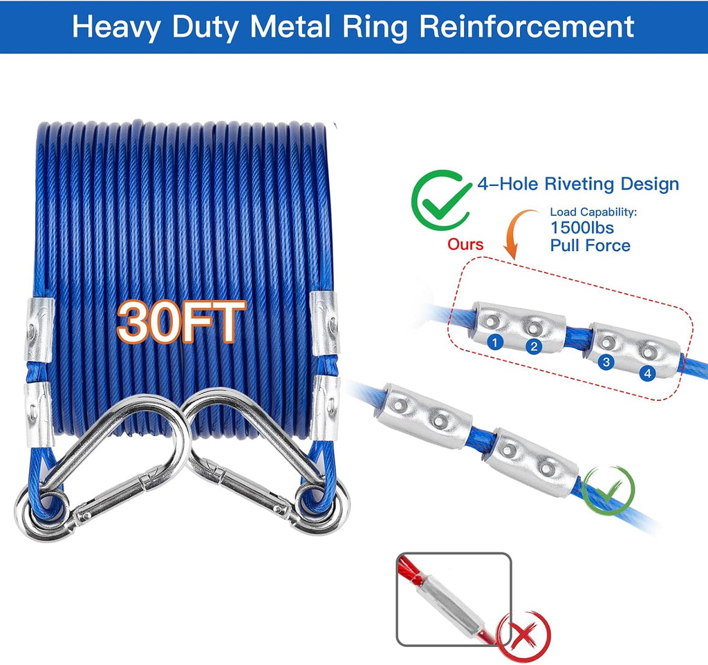 Dog Tie Out Cable and Stake for Outside Camping, 360°Swivel Dog Anchor, with 30FT Heavy Duty Cable,Dog Runner Can Hold Up to 150 LBS Dogs,Suitable for Any Dog Tie Out Cable or Yard Leash