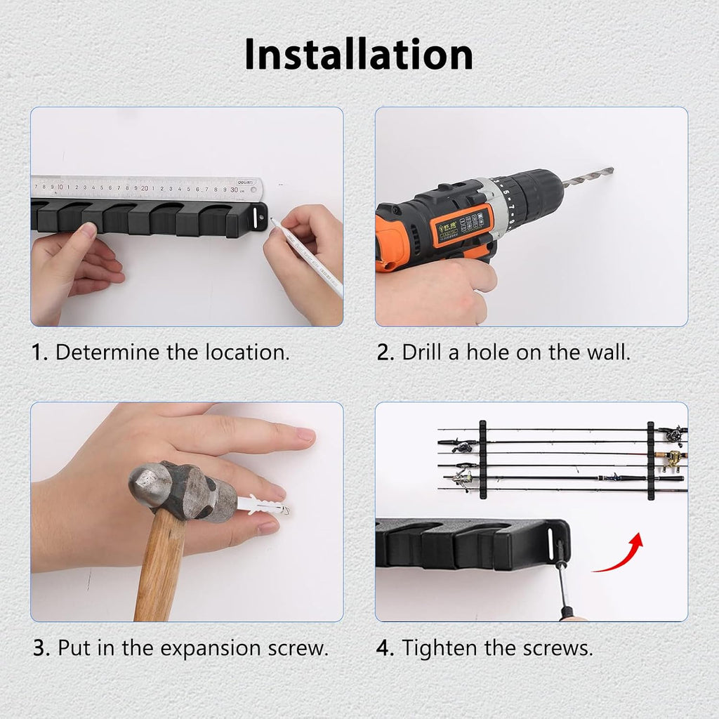 2-Set Horizontal Fishing Rod Holders Wall-Mounted Holds 12 Rods or Combos
