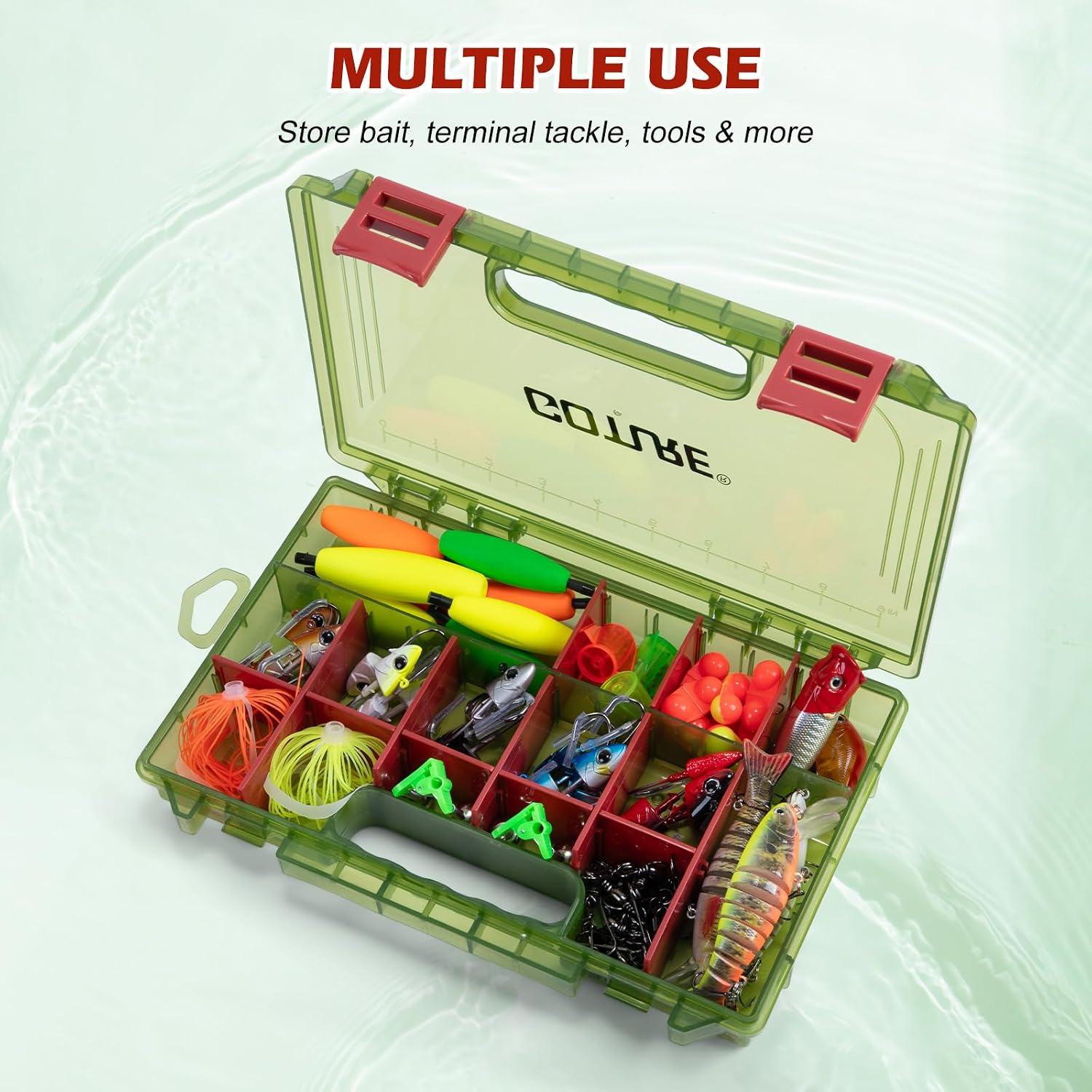 Goture Fishing Tackle Box Organizer - Transparent Fishing Organizer Box w/Measurement Ruler, Adjustable Dividers, Dual Latches | 2 Pcs 3600 Tackle Tray| Ergonomic Grip