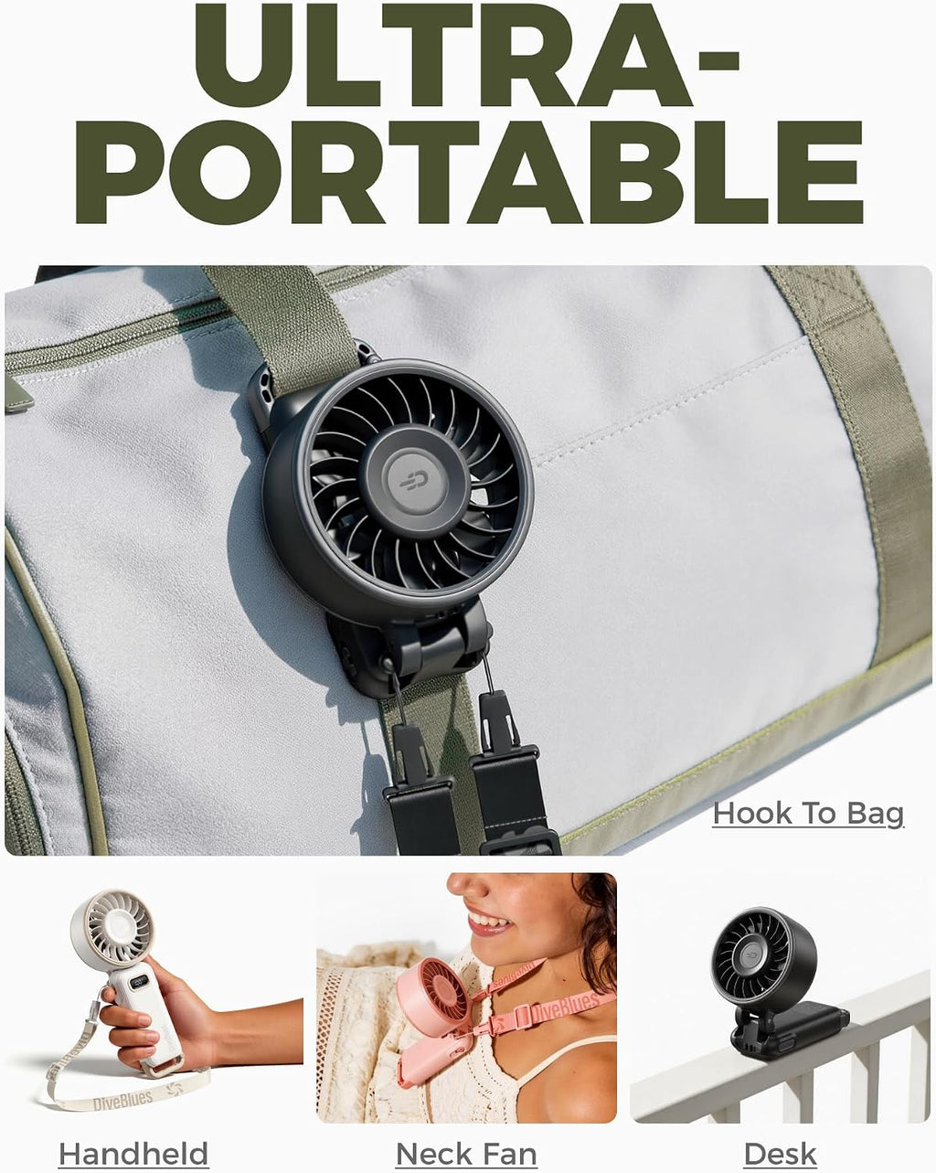 Diveblues Portable Turbo Fan, 100 Speed Handheld Fan with Strong Airflow, Foldable 4 in 1 Personal Fan for Neck, Desk & Travel, USB-C Rechargeable, Lightweight for Summer, Concerts & Outdoor Use