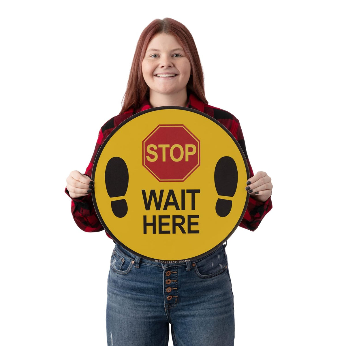 TRADESAFE Stop - Wait Here Anti-Slip Floor Sticker - Wait Here Floor Sign, Peel and Stick Adhesive Vinyl Sign, ANSI-Compliant, 17” Diameter Round Sticker