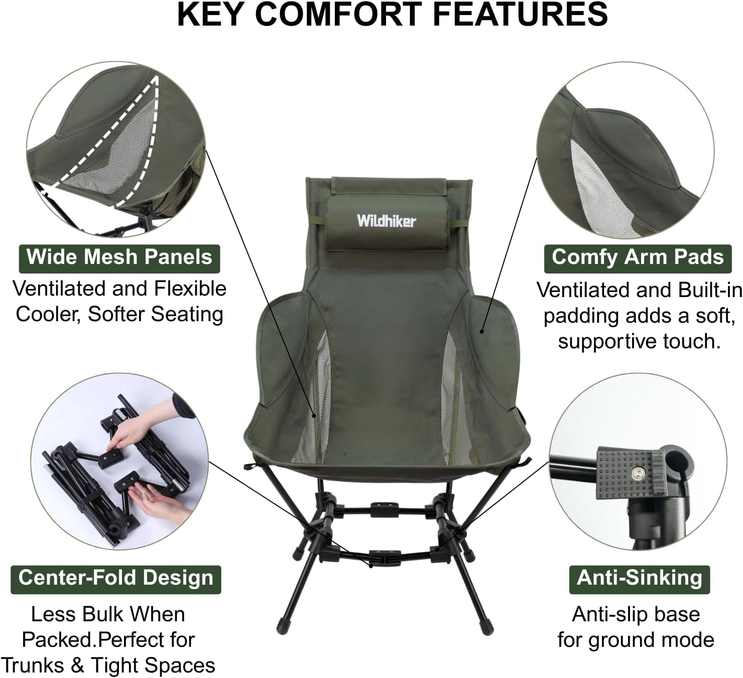 Wildhiker HuggleMode High Back Folding Camping Chair, 2 Seat Heights -Green