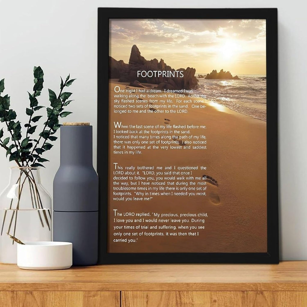 Footprints in the Sand Religious Canvas Wall Art Posters, Inspirational Beach Sunset Poem Print Poster (Black Framed 12x18inch, Footprints(2))