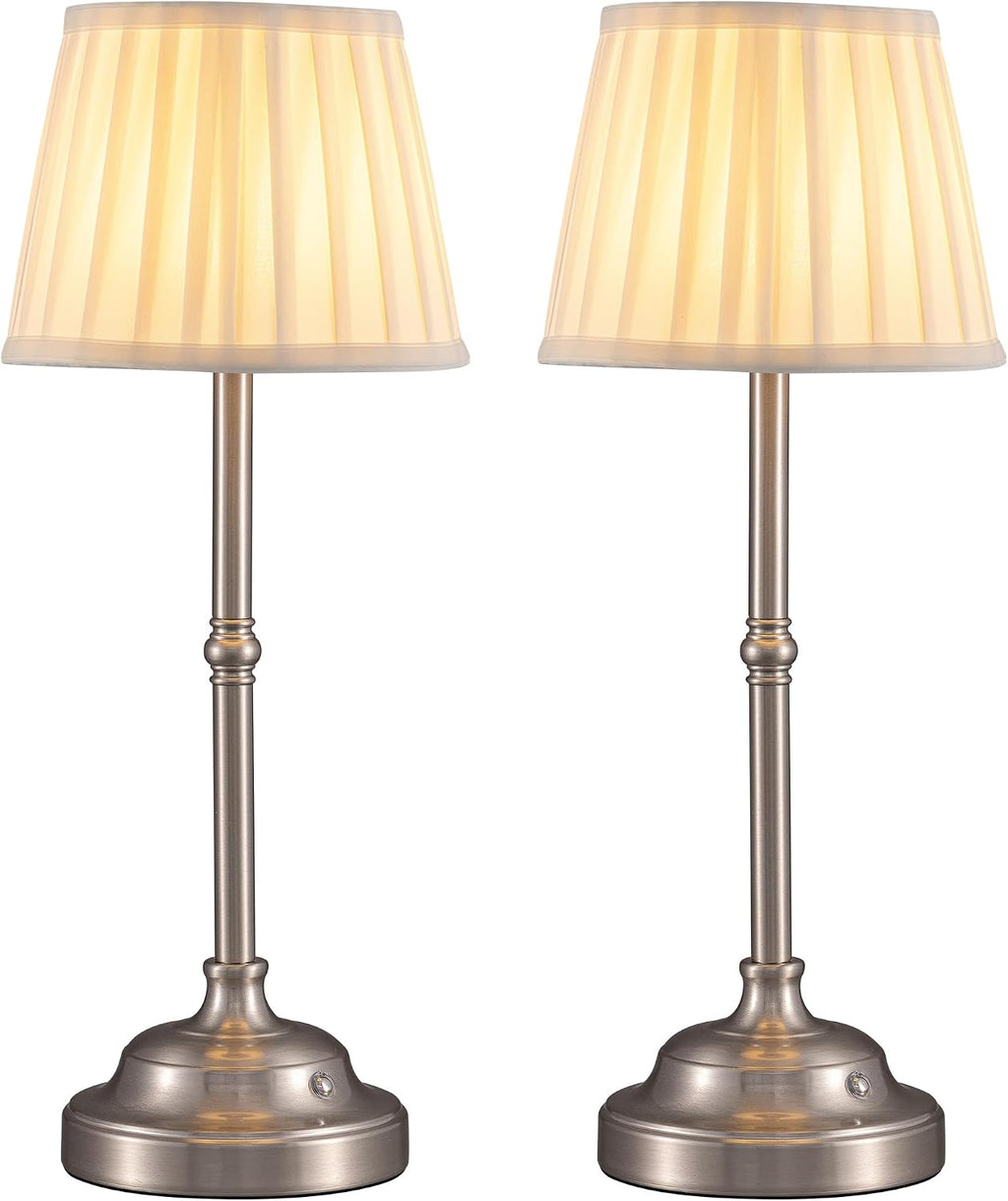 KDG Nickel Cordless LED Table Lamps Set of 2, Green Fabric Shade Desk Lamps