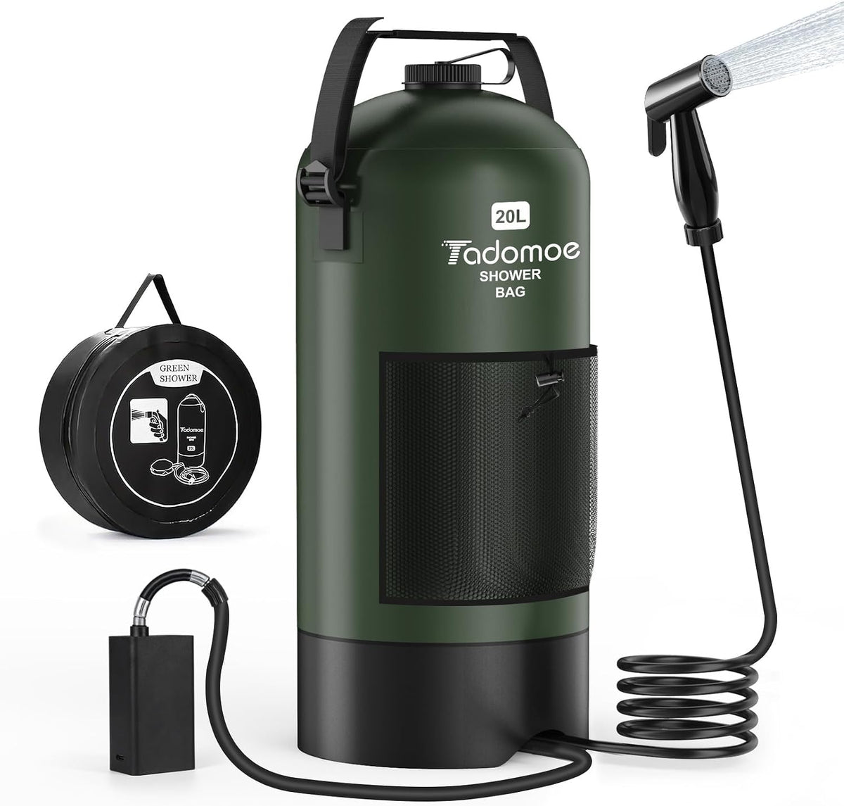 Portable Camping Shower with Battery Powered Pump, 5 Gal/20L Solar Heated Camp Shower Bag, 3-Mode Shower Head & Travel Case for Outdoor Camping, Beach Rinse & Dogs