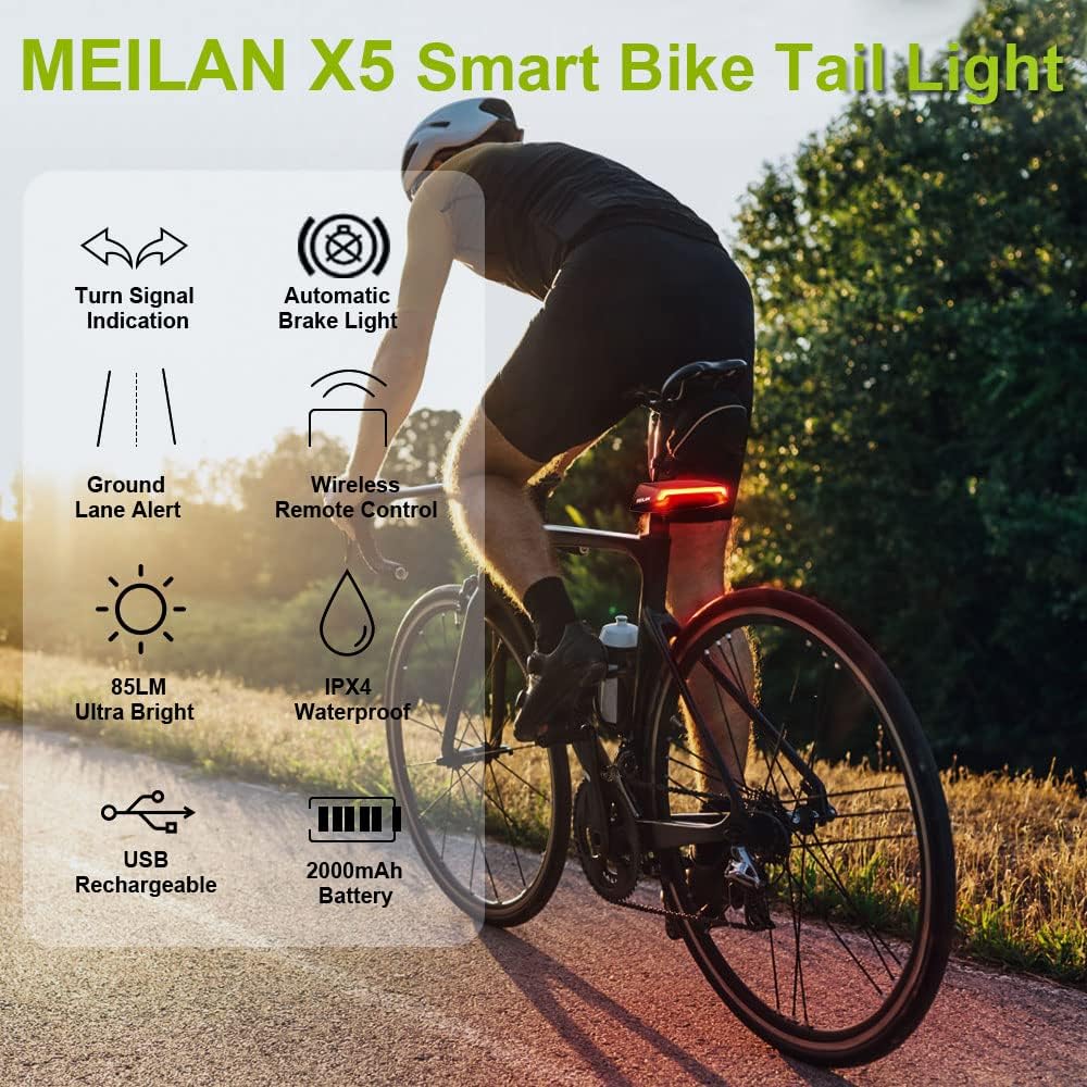MEILAN X5 Smart Bike Tail Light with Turn Signals and Automatic Brake Light Wireless Remote Control Bike Rear Light Back USB Rechargeable Safety Warning Cycling Light Fits on Any Road Bicycle