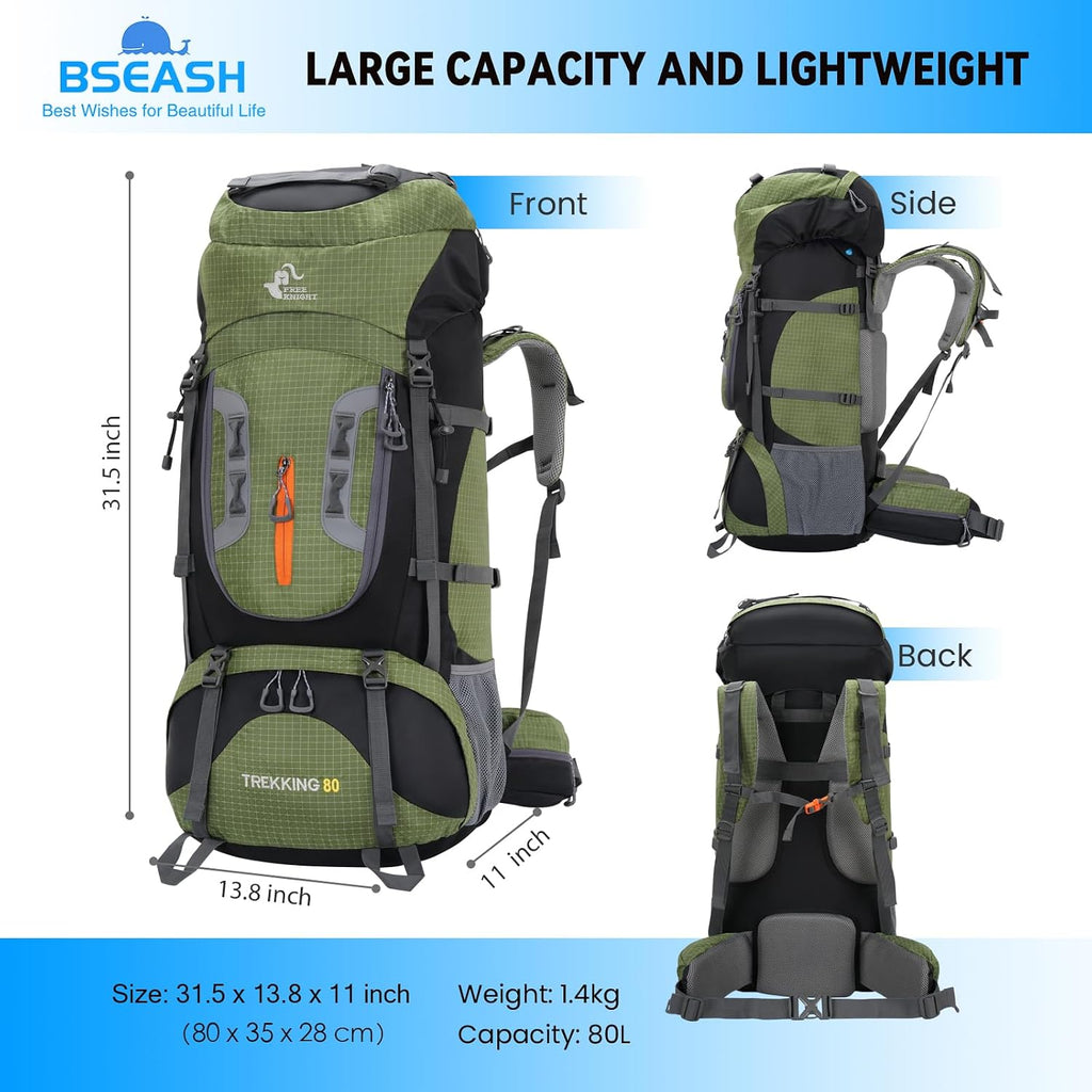 Bseash 80L Waterproof Hiking Camping Backpack with Rain Cover, Lightweight Outdoor Sport Travel Daypack for Climbing Touring