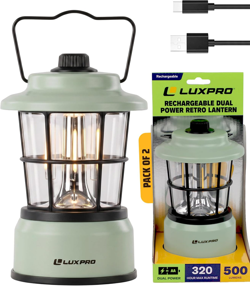 LUXPRO Rechargeable Retro Lantern LED Camping Lantern, Sage Green, 2 Pack