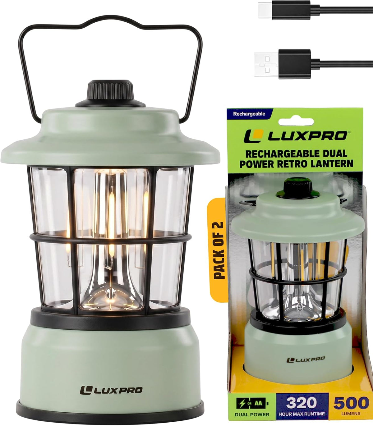 LUXPRO Rechargeable Retro Lantern LED Camping Lantern, Sage Green, 2 Pack