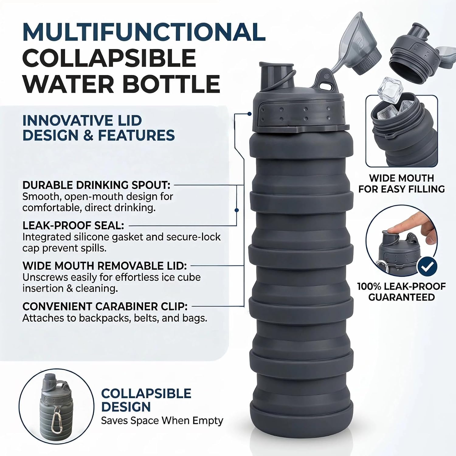 Collapsible Water Bottles Travel water bottle Sports Portable Sport Water Bottle Reusable Water Bottles comes with mountaineering Buckle 500ml silicone Water-proof camping water bottle