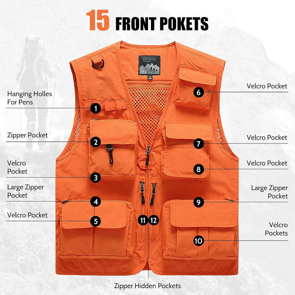 AOTORR Mens Outdoor Work Safari Cargo Photo Travel Fishing Vests for Men with Multi-pockets