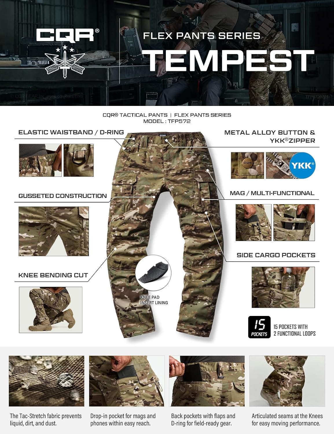 CQR Men's Flex Stretch Tactical Pants, Water Resistant Ripstop Cargo Pants, Lightweight EDC Outdoor Work Hiking Pants