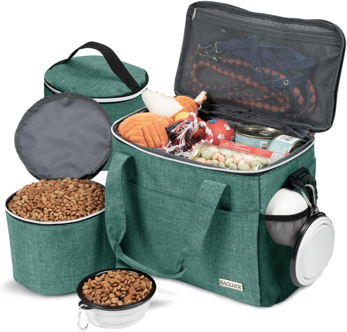 BAGLHER Dog Travel Bag Backpack Pet Supplies Backpack 5-Piece Set with Shoulder Strap 2 Lined Pet Food Containers 2 Foldable Feeding Bowls Essential Kit for Pet Travel