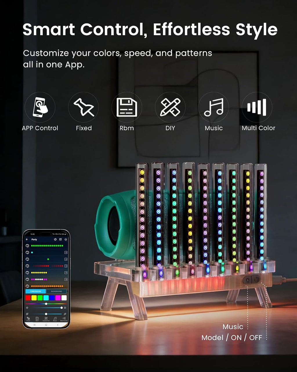 Sound Reactive Ambient Light, Smart App-Controlled Music Rhythm Lamp with Custom Modes, Designed for Portable Speaker Setup for Bedroom, Dorm, Living Room (Black)