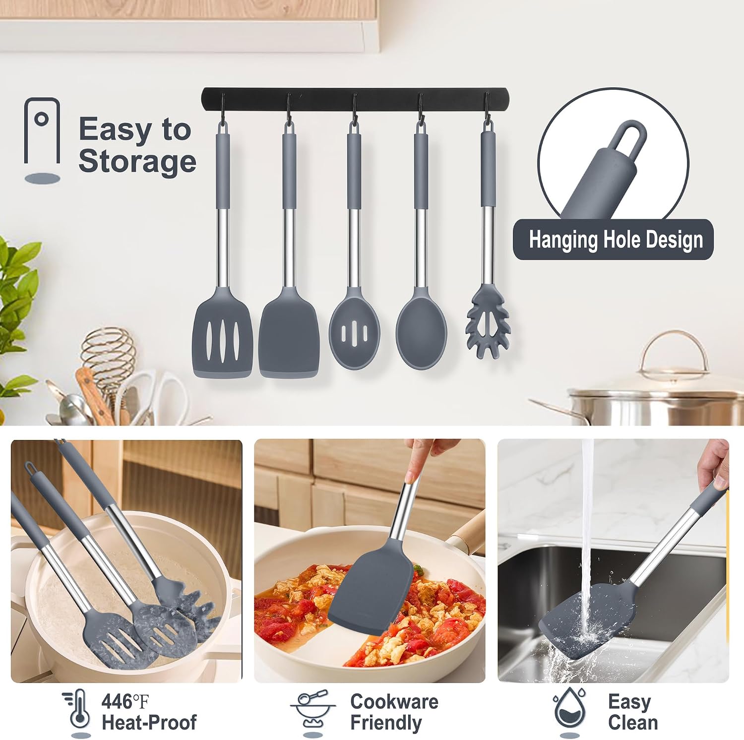 TeamFar Silicone Cooking Utensils Set, 5 PCS Heat-Proof Kitchen Utensils