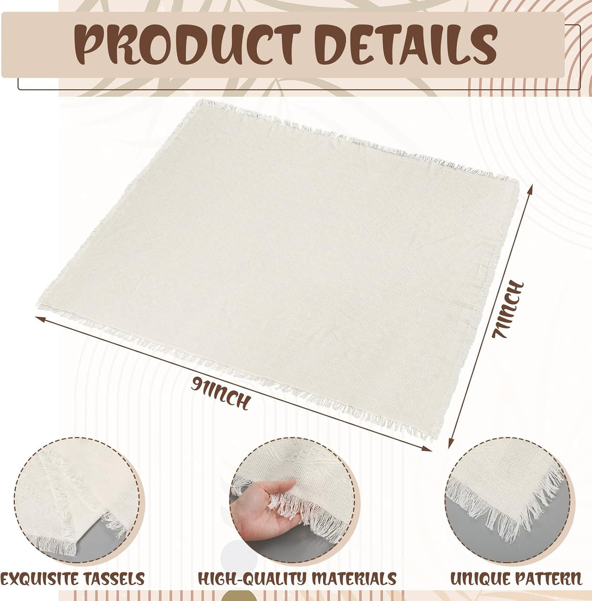 Beeveer 8 Pcs Cream White Picnic Kit, 91x71'' Extra Large Outdoor Boho Picnic Blanket, Low Table Runner, 6 Throw Pillow Cover, Woven Cotton Yarn Oversize Washable Beach Blanket for Camp Wedding Garden