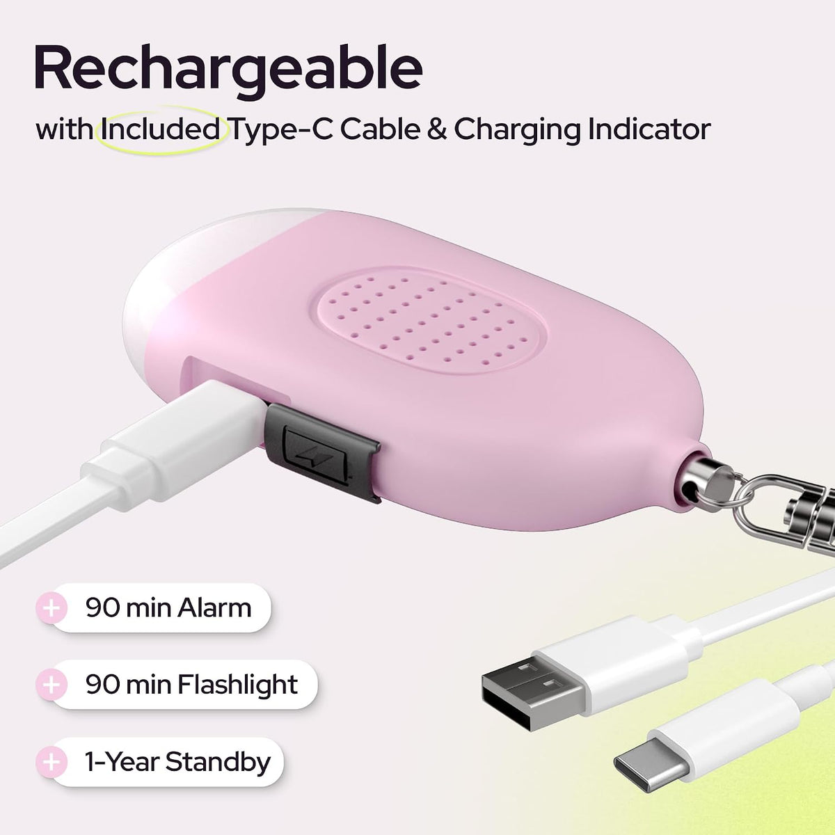 Weten Rechargeable Personal Alarm Keychain - 130dB Siren & LED Light - Stylish Personal Safety Alert for Women to Carry - Panic Button Alarm for Security - Rape Whistle for Self Defense (Pink)