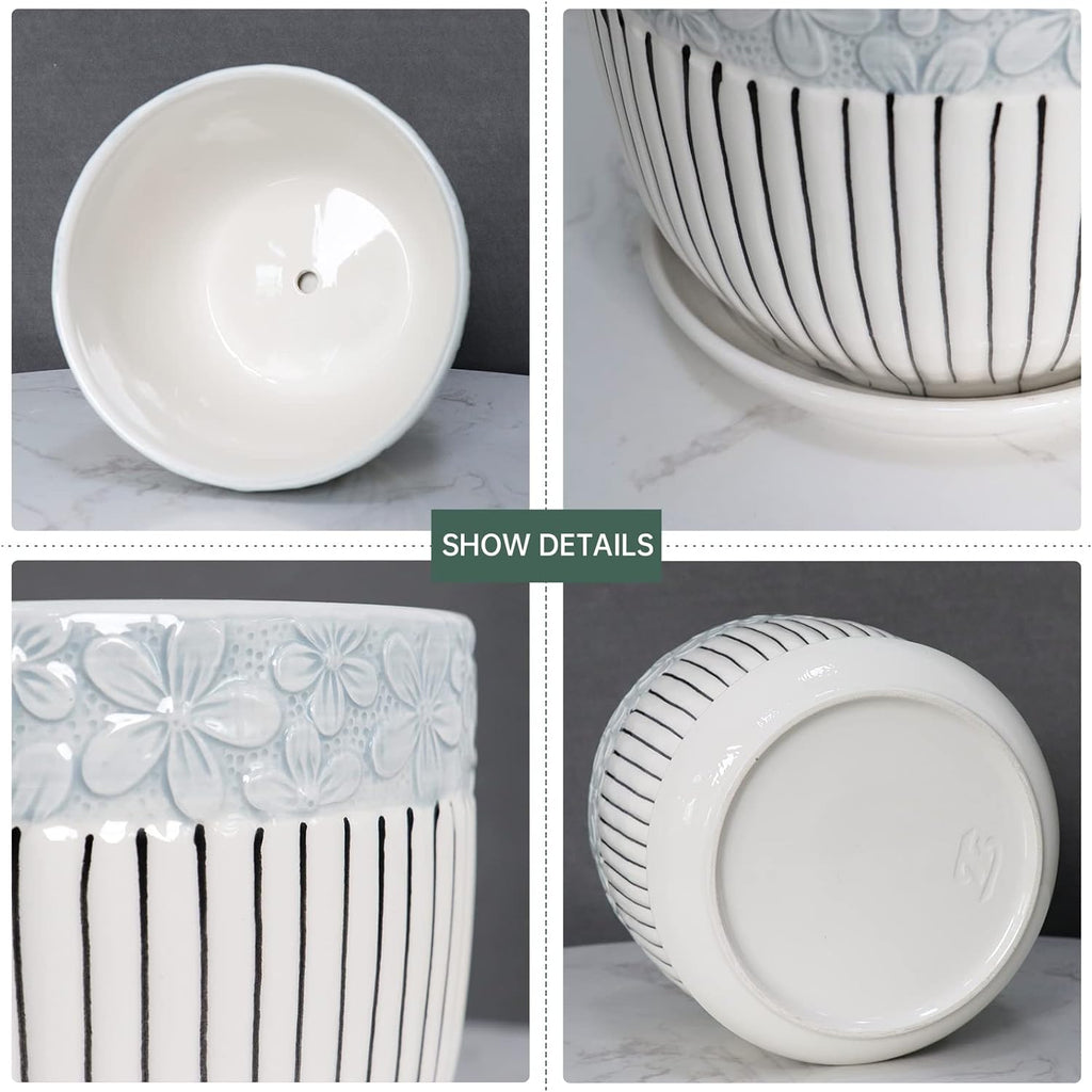 Gray Flower Pots, Texture Ceramic Plant Pots for Indoor Plants Set of 3