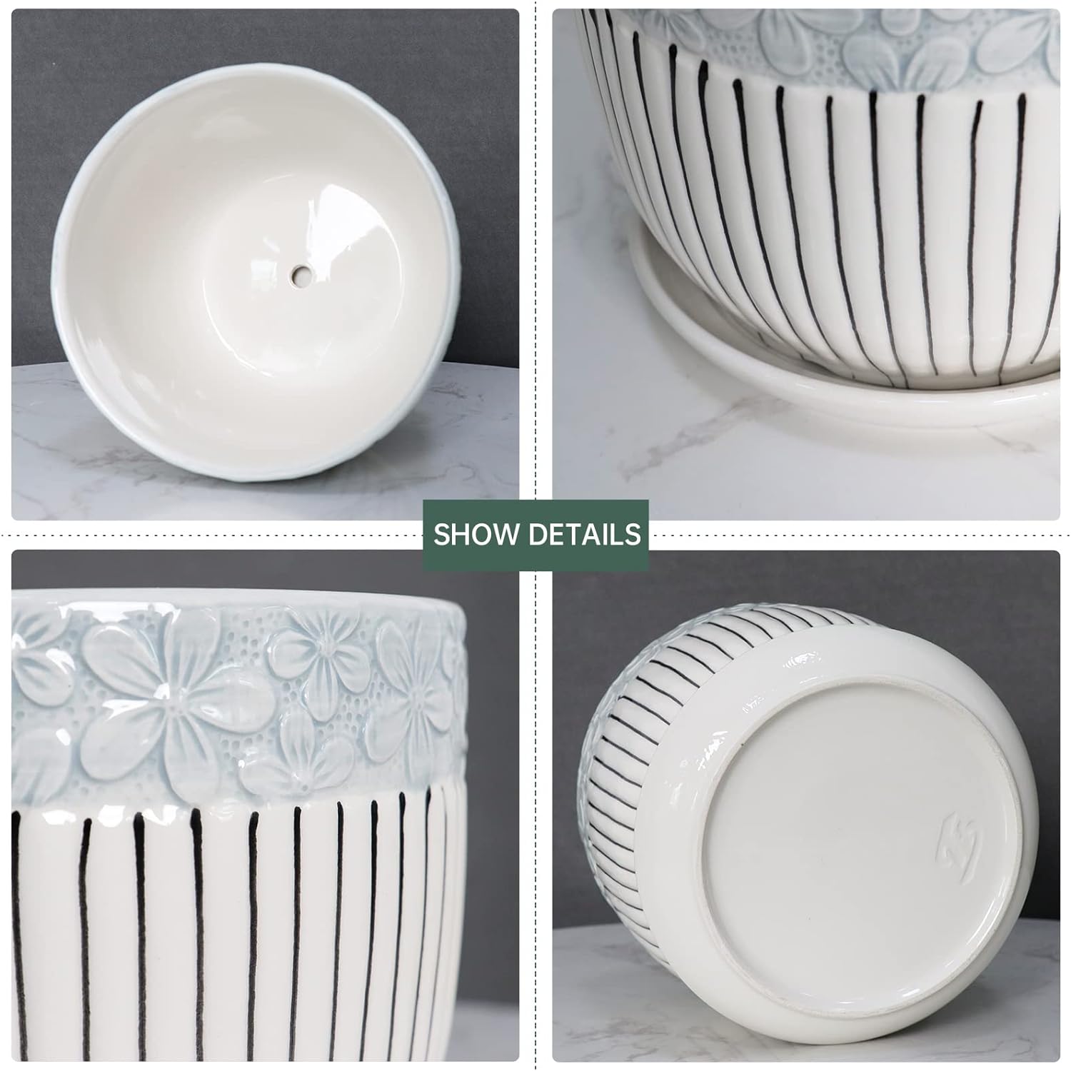 Gray Flower Pots, Texture Ceramic Plant Pots for Indoor Plants Set of 3