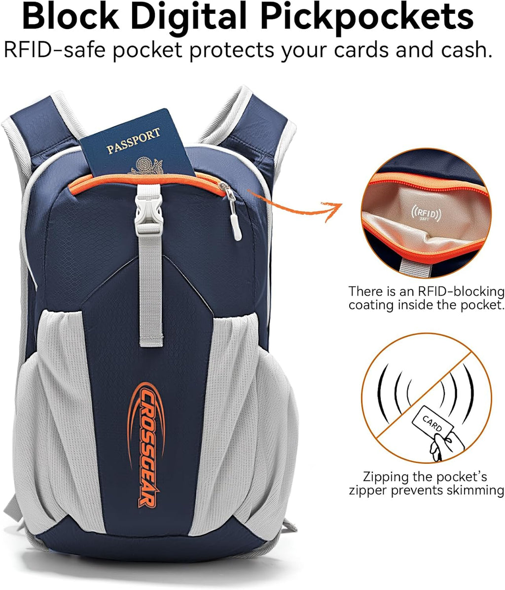 CROSS GEAR 16L Foldable Hiking Backpack, RFID Protection, Lightweight Waterproof Daypack, Packable Backpacks for Women Men, Small Hiking Daypack for Camping Travel Outdoor, Navy Blue