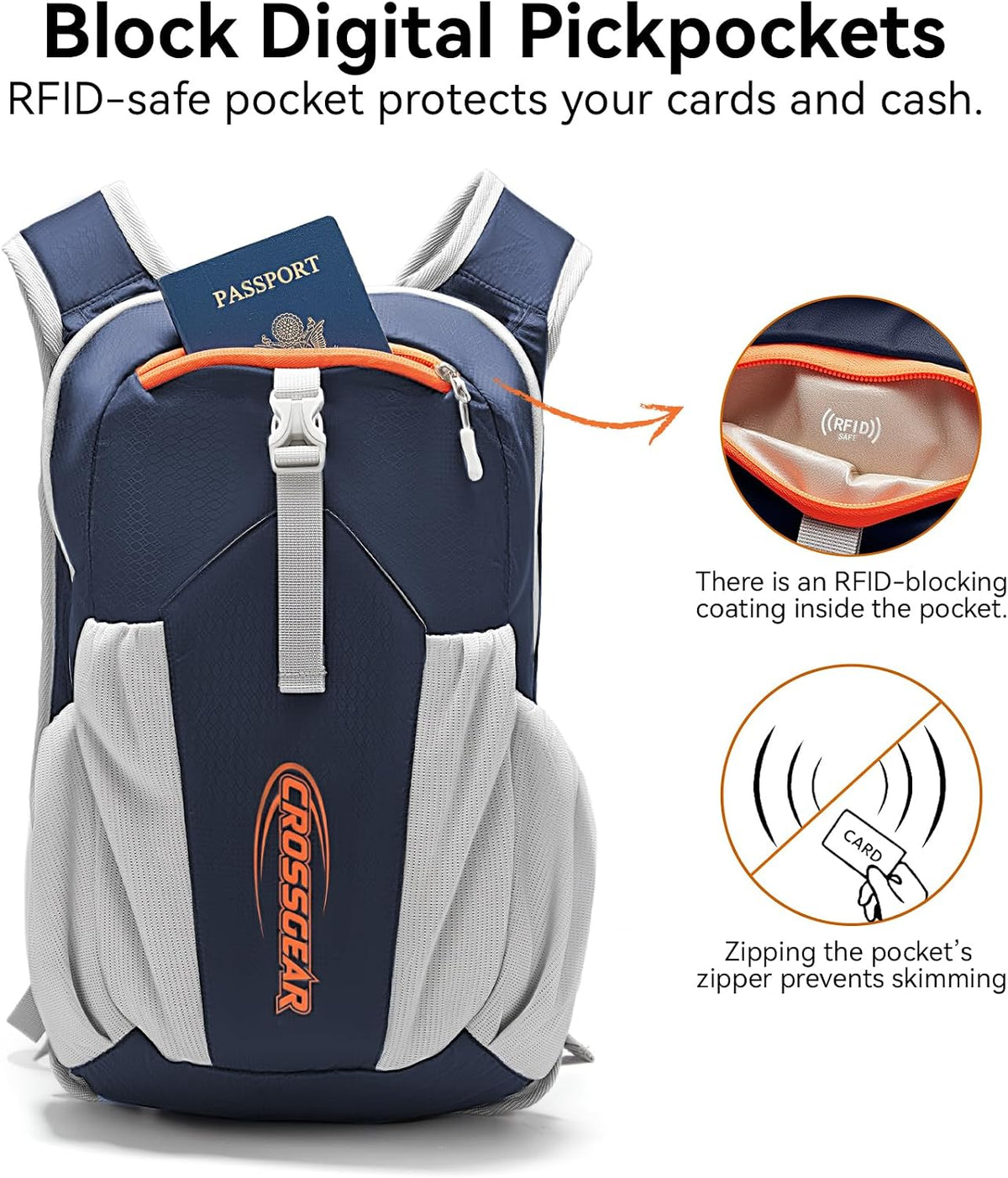 CROSS GEAR 16L Foldable Hiking Backpack, RFID Protection, Lightweight Waterproof Daypack, Packable Backpacks for Women Men, Small Hiking Daypack for Camping Travel Outdoor, Navy Blue