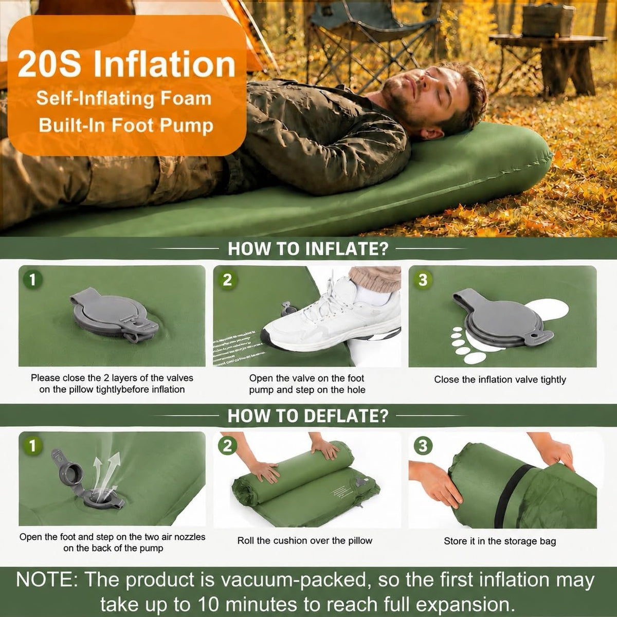 Self-Inflating Sleeping Pad, Memory Foam Camping Mattress pad, Sleeping Mat