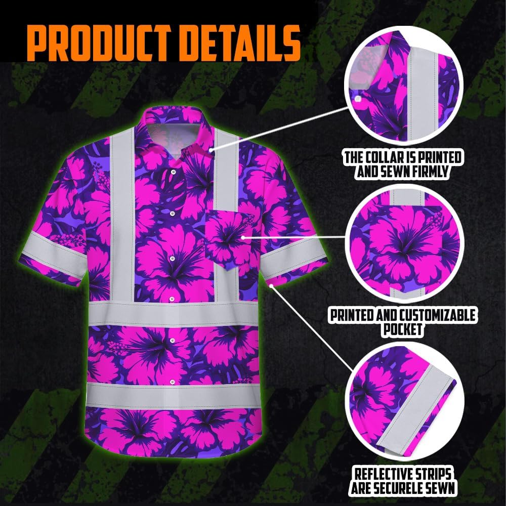 High Visibility Hawaiian Shirt for Men Tropical Shirts Custom Name Floral Outfit Reflective Safety Workwear