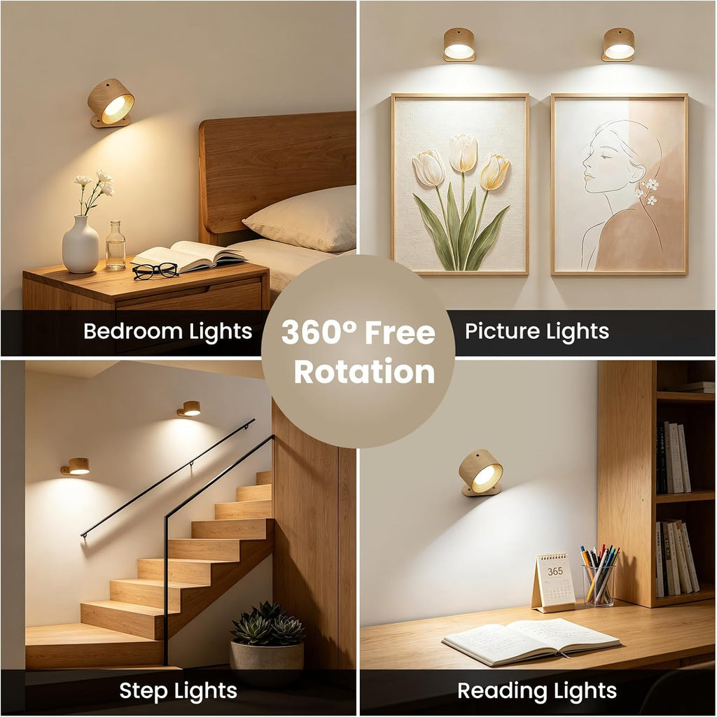 AKSDA 3Pack Battery Operated Wall Sconce, 3 Color Modes 3 Brightness Levels 360°Rotation Lighting Timer Touch & Remote Control, Wall Mounted Lamp LED Wall Lights for Bedroom Reading Bedside (Wood)