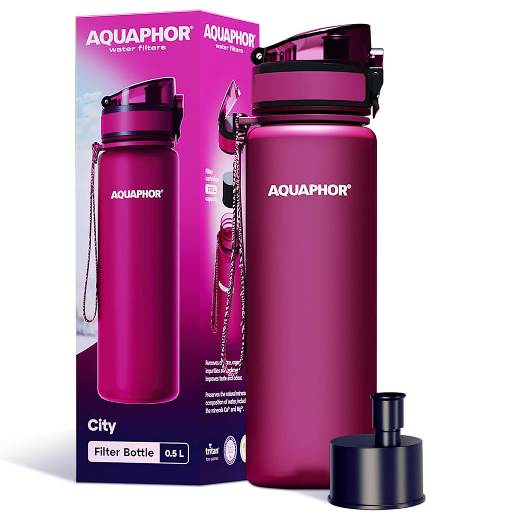 AQUAPHOR City Water Filter Bottle 17 oz | Reusable & Portable Filtered Water Bottle | BPA-Free | Perfect for Camping, Travel, Indoor & Outdoor Use | Navy Blue