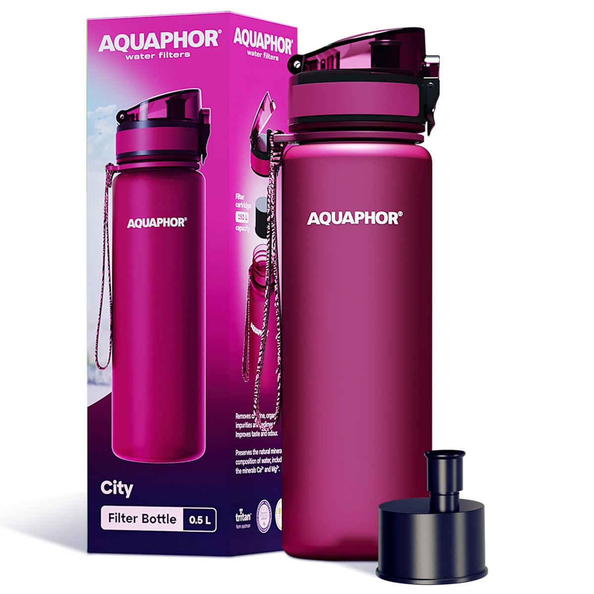 AQUAPHOR City Water Filter Bottle 17 oz | Reusable & Portable Filtered Water Bottle | BPA-Free | Perfect for Camping, Travel, Indoor & Outdoor Use | Navy Blue