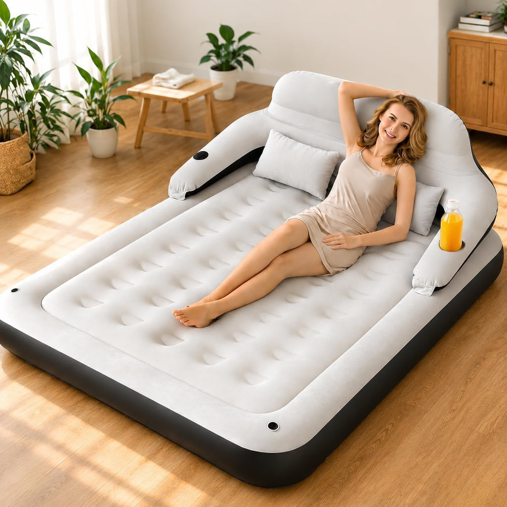 Air Mattress with Headboard and Pillows, Inflatable Blow Up Bed with Flocked Top, Portable Air Bed for Indoor/Outdoor Sleeping Pad for Living Room, Camping, Travel