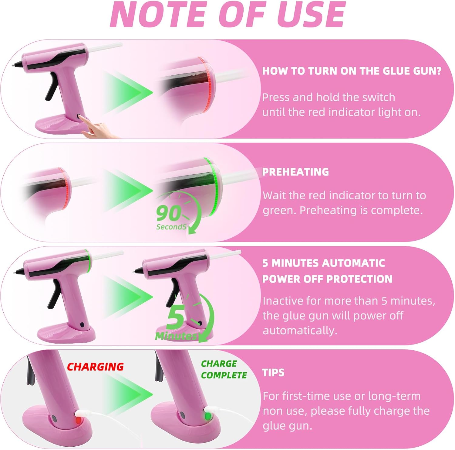 Liumai Cordless Hot Glue Gun Kit with 30pcs Mini Glue Sticks, USB Rechargeable Mini Glue Gun with Carrying Case, Stand-Up Base, Smart Power-Off Hot Melt Glue Gun for Crafting, Pink