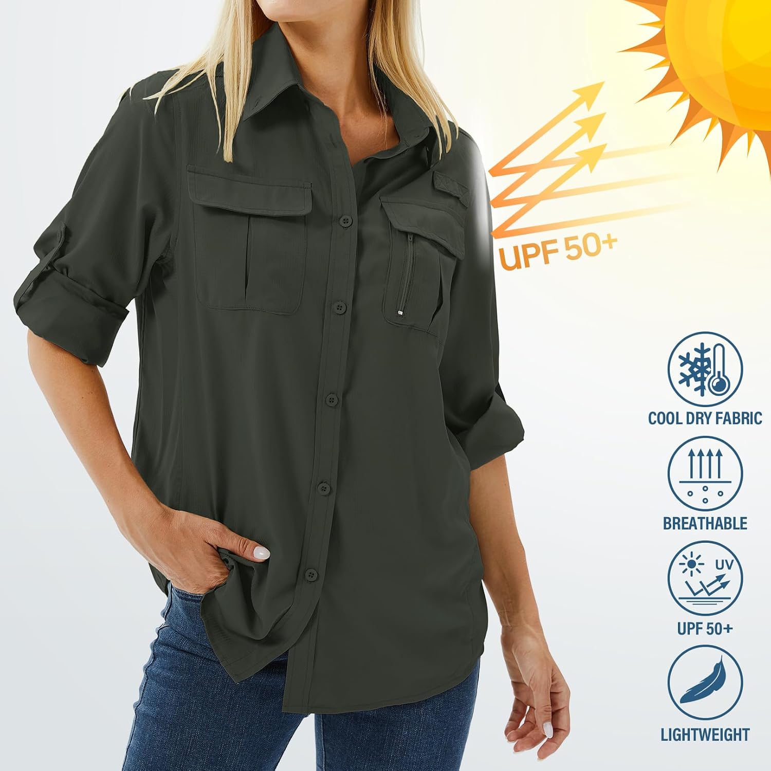 Women's UPF 50 Long Sleeve Sun Protection Safari Fish Hiking Shirts