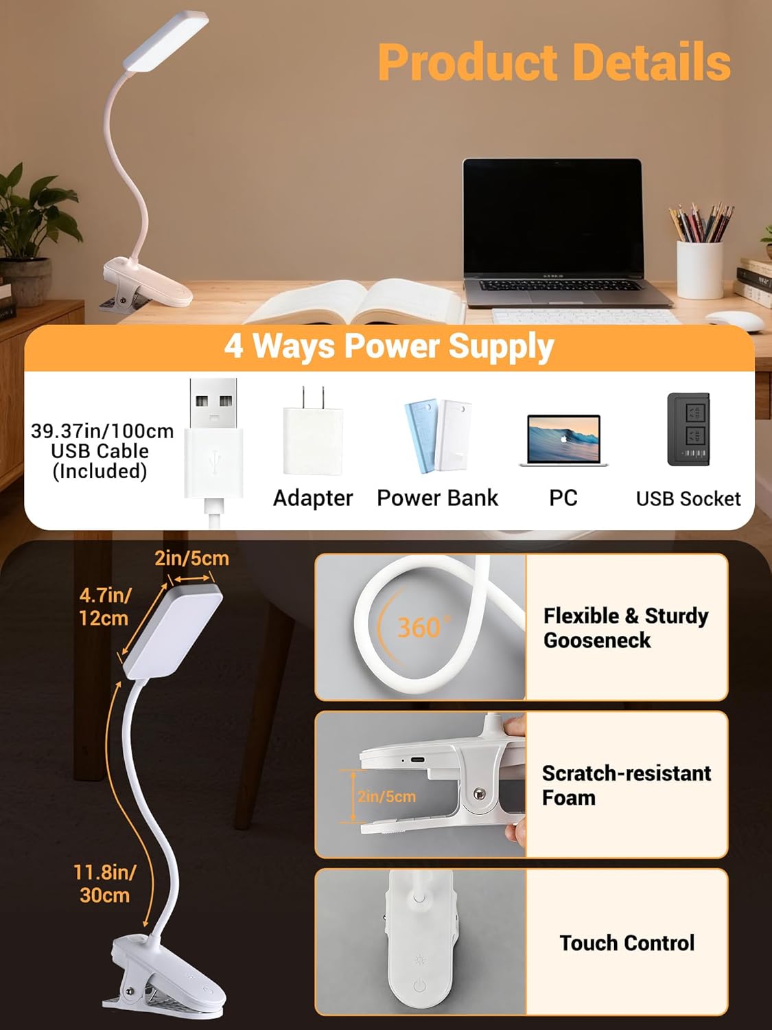 Clip on Light,45 Lighting Modes Rechargeable Desk Lamp with Clamp