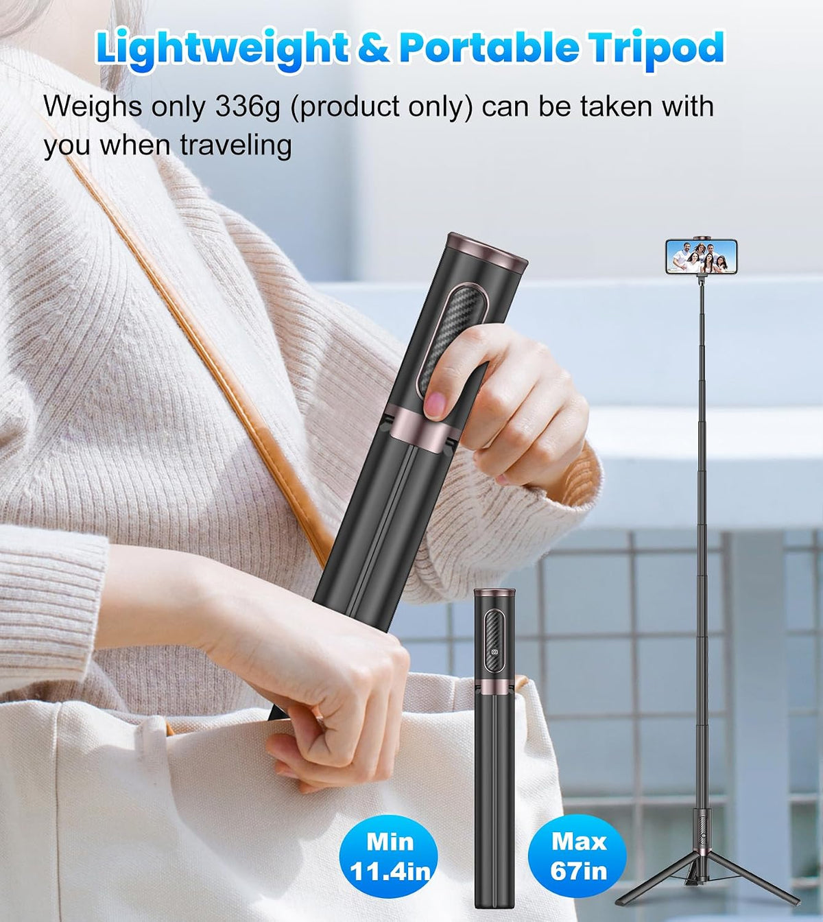 TONEOF 67" Cell Phone Selfie Stick Tripod,Smartphone Stand All-in-1 with Integrated Wireless Remote,Portable,Lightweight,Extendable for iPhone/Android(Black)