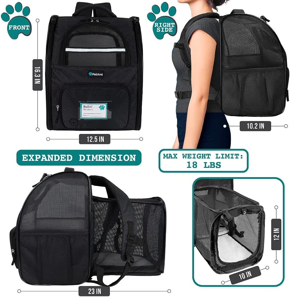 PetAmi Expandable Dog Cat Backpack Carrier, Airline Approved, Black